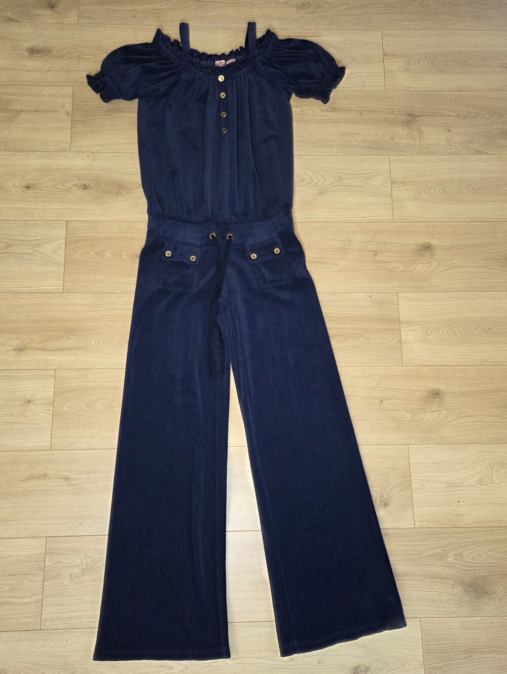 Y2K Juicy Couture Navy Velour Wide Leg Jumpsuit Off Shoulder Lounge Romper USA